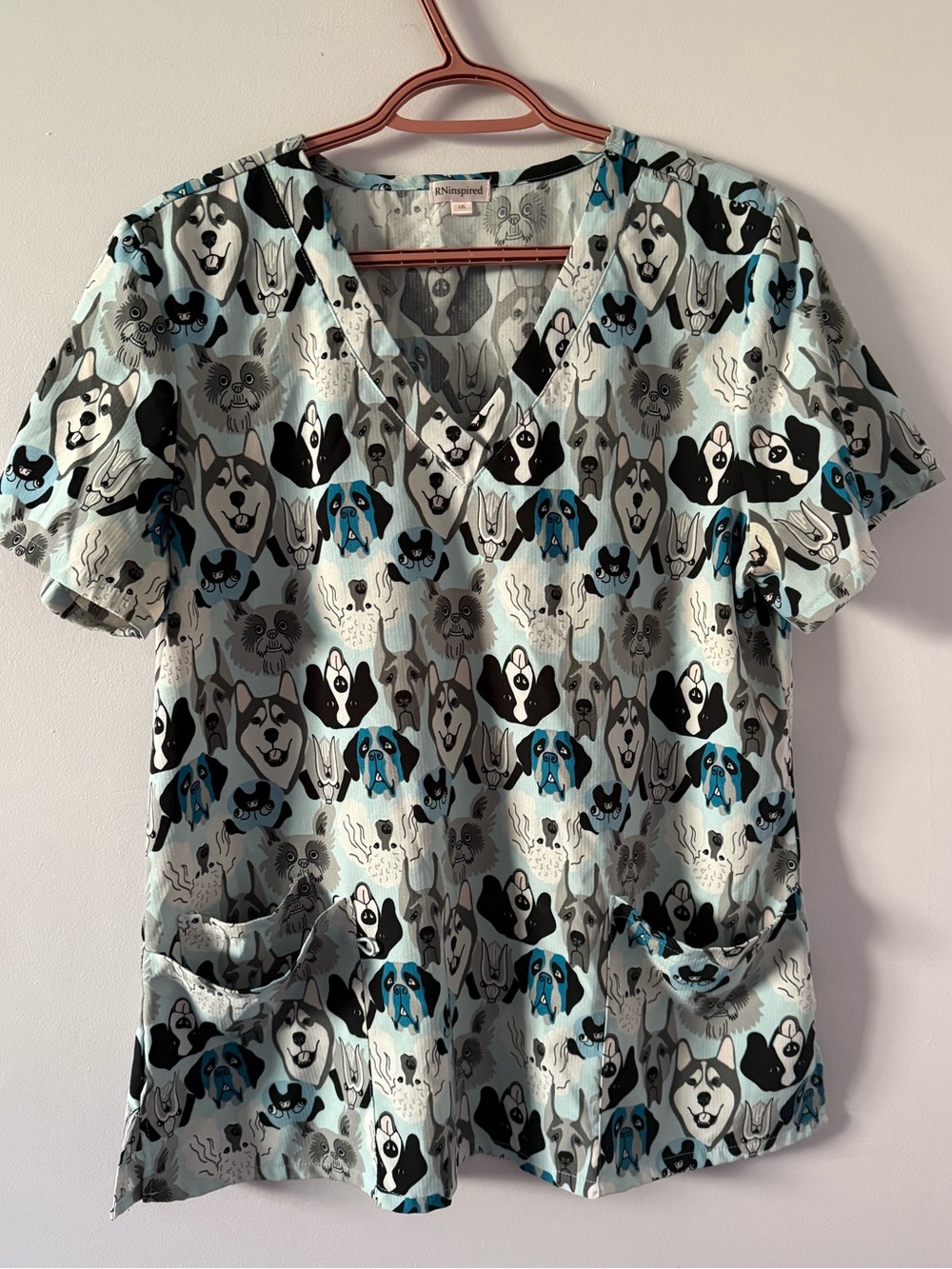 Dog Print Scrub Top in Light Blue and Black